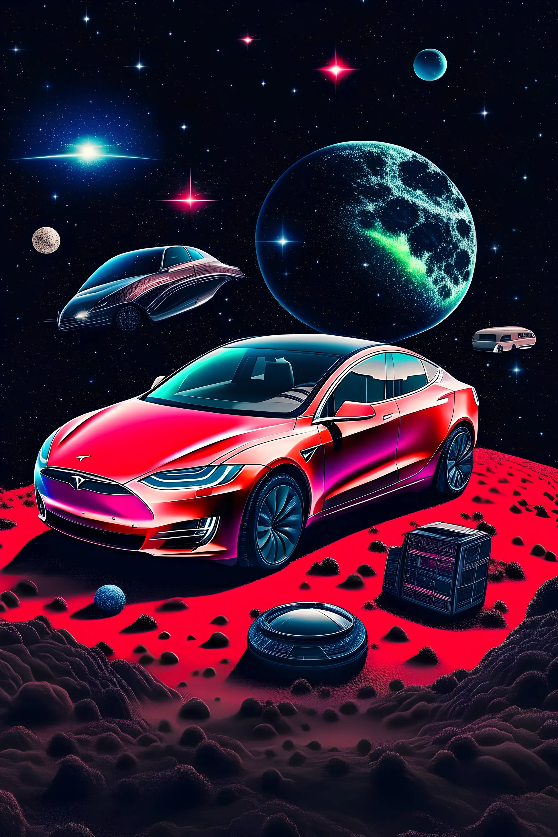 TESLA CAR FLYING THROUGH OUTER SPACE SURROUNDED BY WEIRD EVERYDAY ITEMS IN THE BACKGROUND