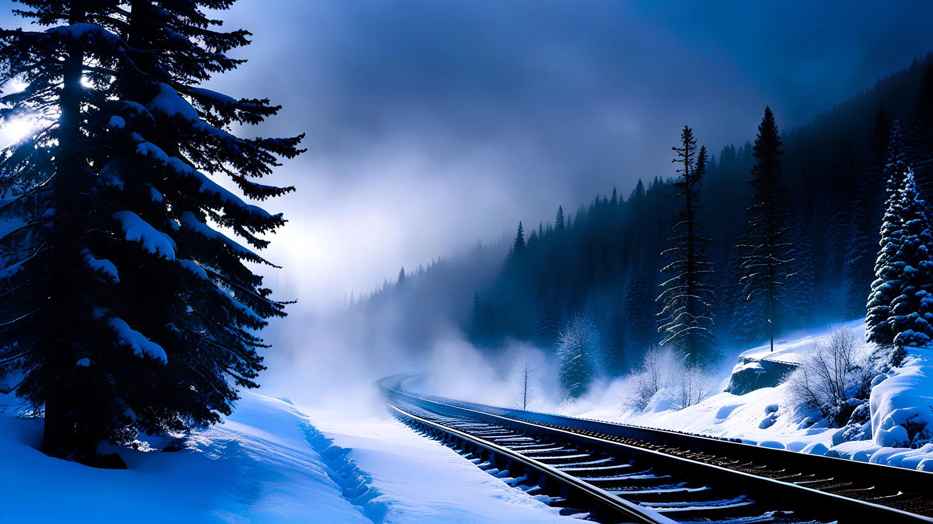 polar express train,steam,fir forrest scenery, heavy mist,mist shadows,valley,creek,forest,,tree,,nature,night,snow,fir tree,night,holy night