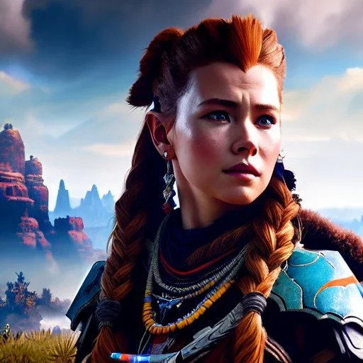 portrait of beautiful busty Aloy (Horizon Zero Dawn) painting by Brom , oil on canvas, cinematic composition, extreme detail,fit full head inside picture,8k