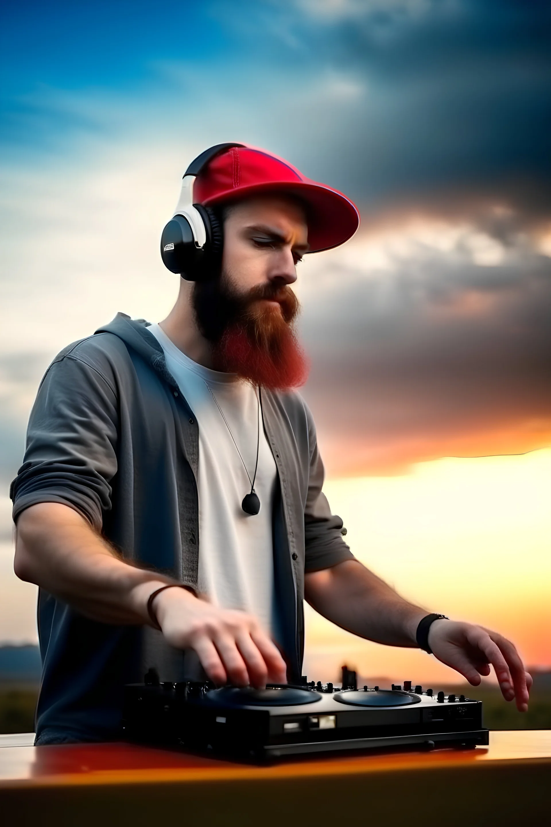 bearded man with cap, DJ play records color sky background