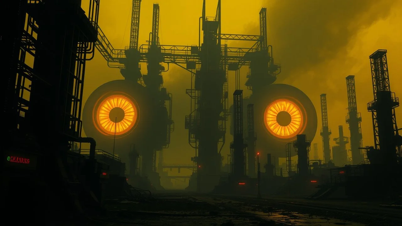 A surreal, dystopian landscape with giant, glowing eyes peering through a dark, industrial environment. The background is dominated by shades of yellow and orange, creating an ominous and unsettling atmosphere