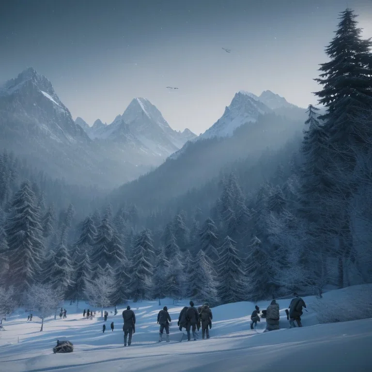 Five people hunting in a snowy forest, sense of fear, mountain hut in the background, Alps, night, 8k, HD, cinematography, photorealistic, Cinematic, Color Grading, Ultra-Wide Angle, Depth of Field, hyper-detailed, beautifully color-coded, insane details, intricate details, beautifully color graded, Cinematic, Color Grading, Editorial Photography, Depth of Field, DOF, Tilt Blur, White Balance, 32k, Super-Resolution, Megapixel, ProPhoto RGB, VR, Halfrear Lighting, Backlight, Natural Lighting