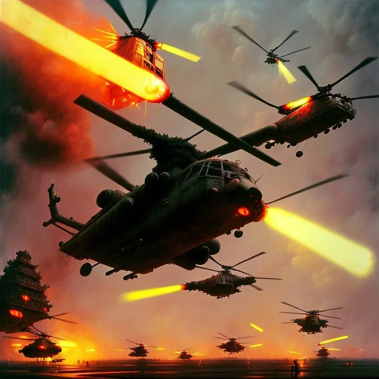 vietnam war. war report. one helicopter. bokeh. lens flare. warm lights. high detailed. beksinski