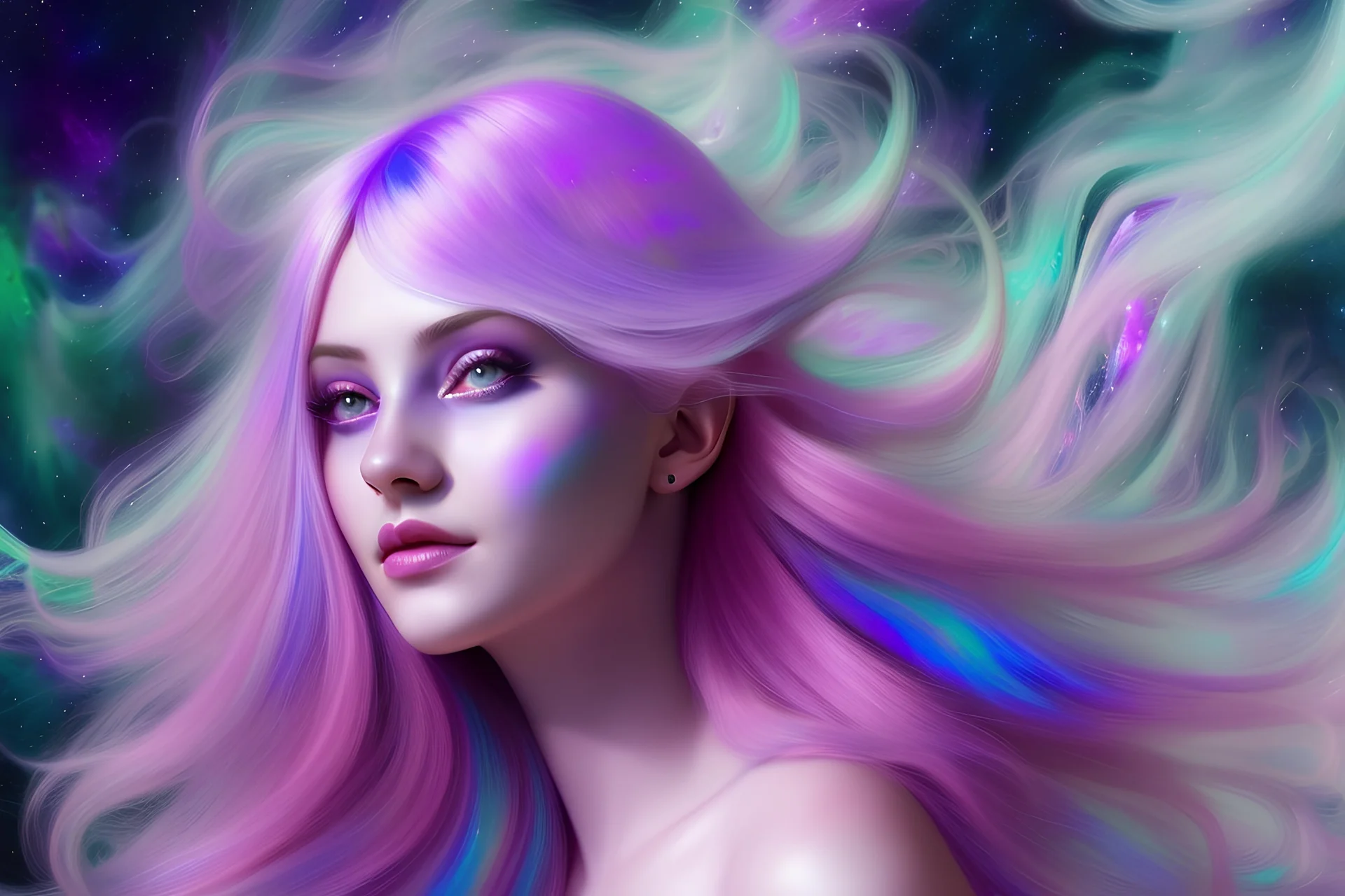 Beautiful woman with lavender hair in a photorealistic portrait style in front of a swirling psychedelic cosmic galaxy background with multicolor lights and swirls
