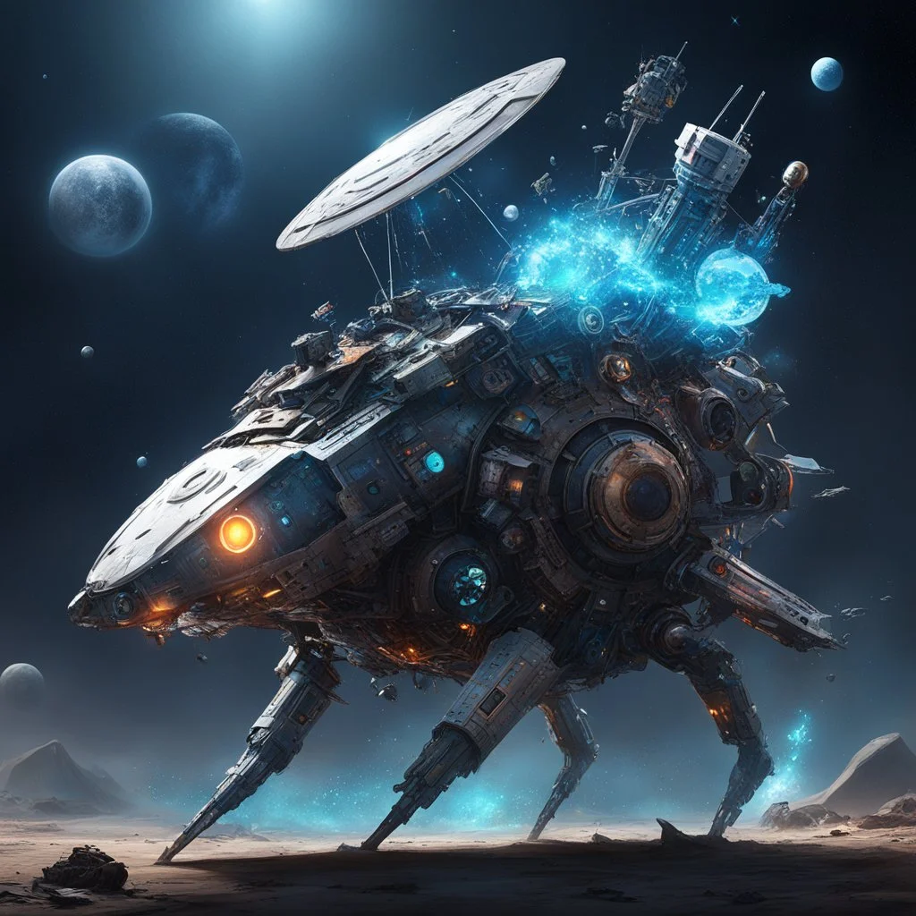 a creature made of liquid with a hat made of space debris, fragments of wreckage, essential parts, and salvaged components