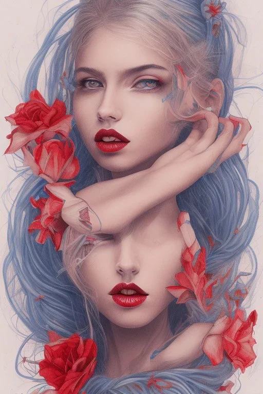 blue Pencil drawing of a woman with red lips and flower in hair on watercolor paper