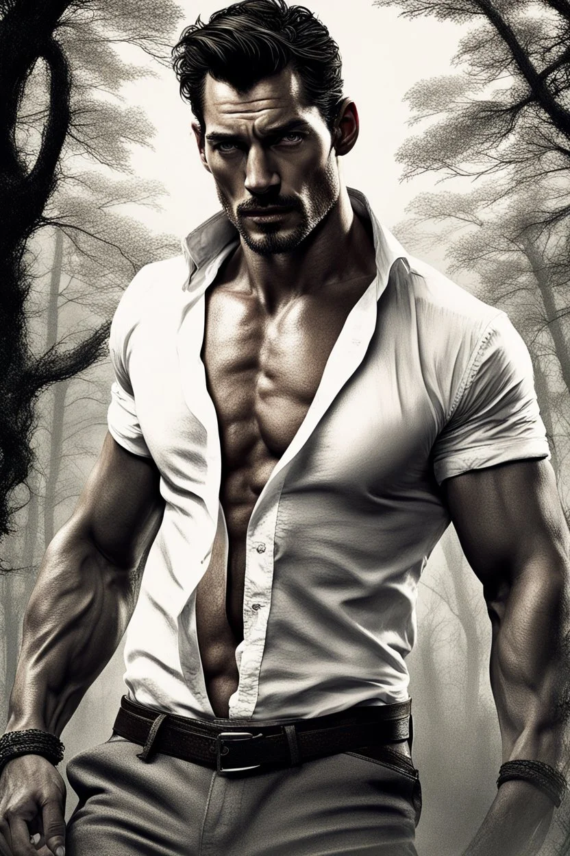 Portait David Gandy as fantasy alpha male very muscular short cropped hair and rough beard, tribal tattoos wearing white button up shirt with rolled up sleeves realistic face, close-up, dark fantasy, fantasy forest, intricate details, hyper detailed, photograph