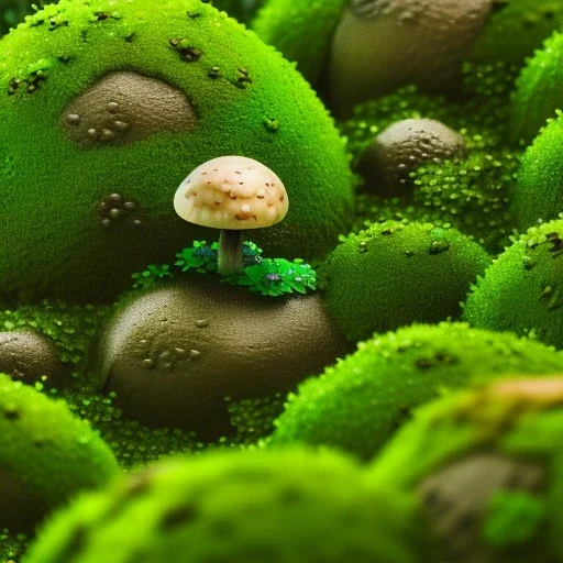 microphotography mushroom growing in a mossy dense lush green woods, high definition, detail, HD, 8k, realistic, 3d rendering, blender, photography, fisheye, bulge, tilt shift blur