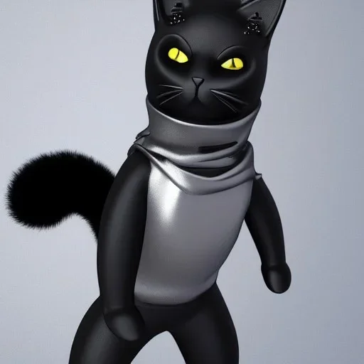 Chat, Modélisme trois dimensions, anthropomorphique, habillé comme un ninja, tenue très détaillée, argent, noir, sombre,furieux, réalisme