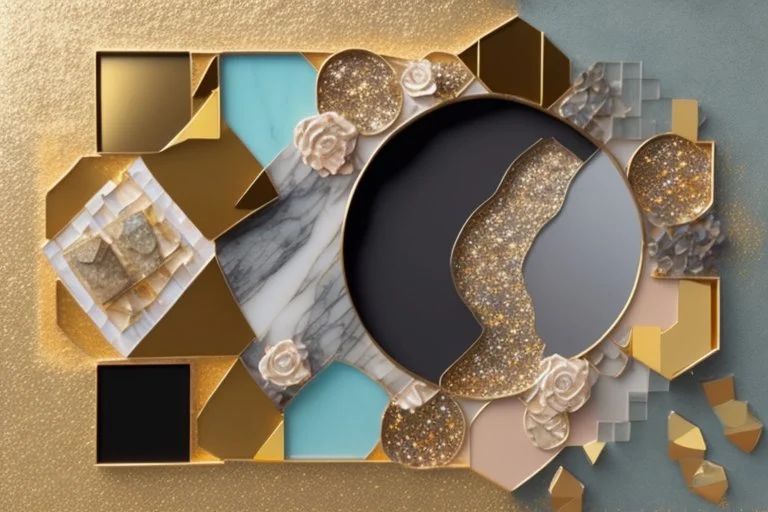 pool mosaic, 3D mirror pieces, beautiful composition, holographic marble pieces, brunette female, dessert shop, flowers, ethereal in sunshine, shading pastel and charcoal golden and ochre, golden glitter, , golden patina, corrosion