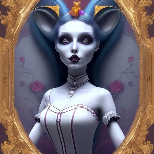 portrait of a goth Alice in Wonderland and the Chesire Cat, Tim Burton, 8k resolution, high-quality, fine-detail, color, intricate, realistic, sharp, crisp, digital art, detailed matte, volumetric lighting, illustration, octane render, brian froud, howard lyon, Anne Dittman, Anne Stokes, Lisa Parker, Selina French