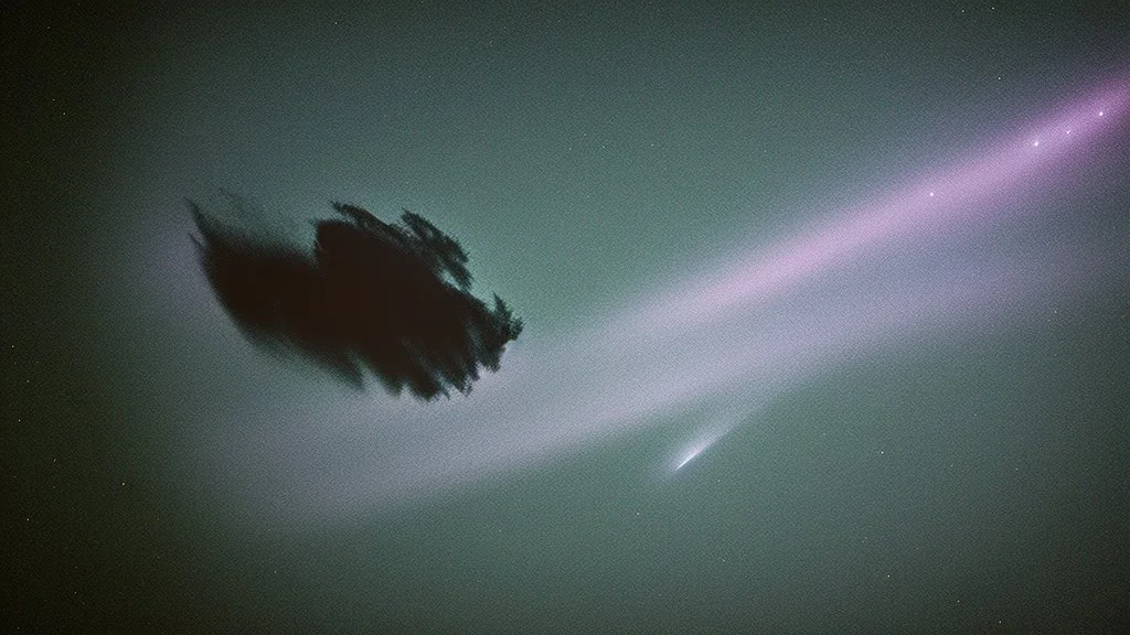 Comet in the night sky over the plain