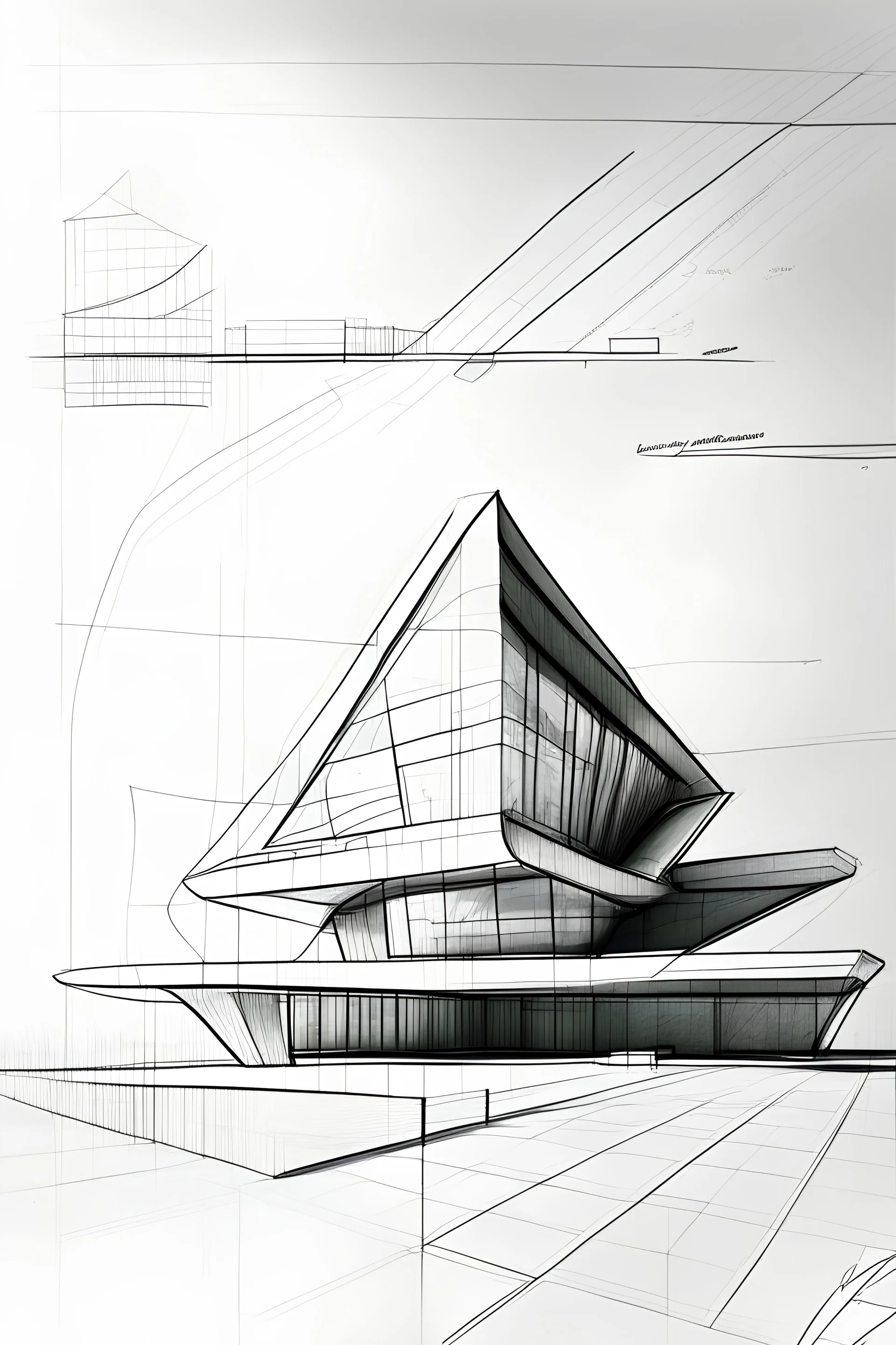 boceto a lineas de centro educativo con una forma arquitectonica de U en elevación