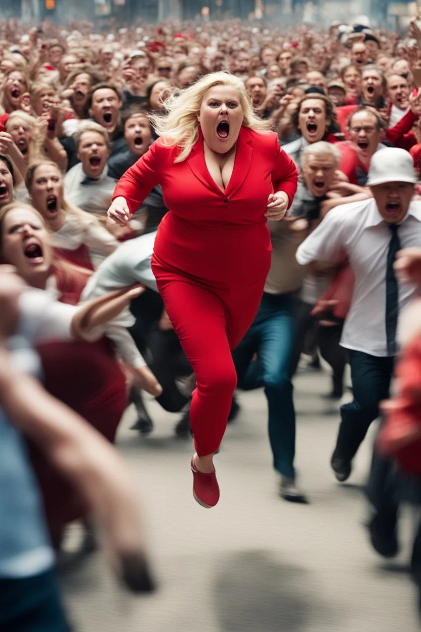 an obese terrified blonde woman in a red pant suit desperately running away from an angry mob of hundreds of people chasing her from behind