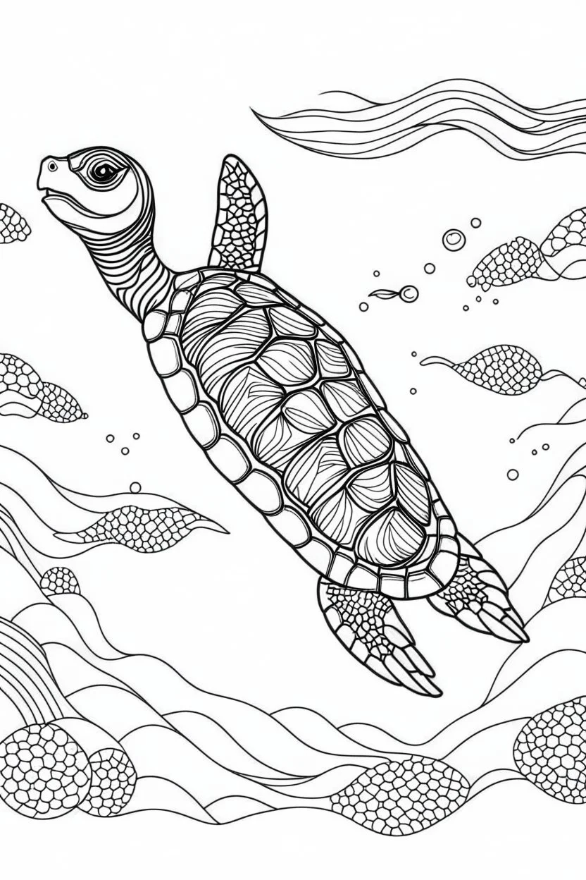 a sea turtle dive into the deep sea, clean line art, monochrome, for kids coloring book, white background