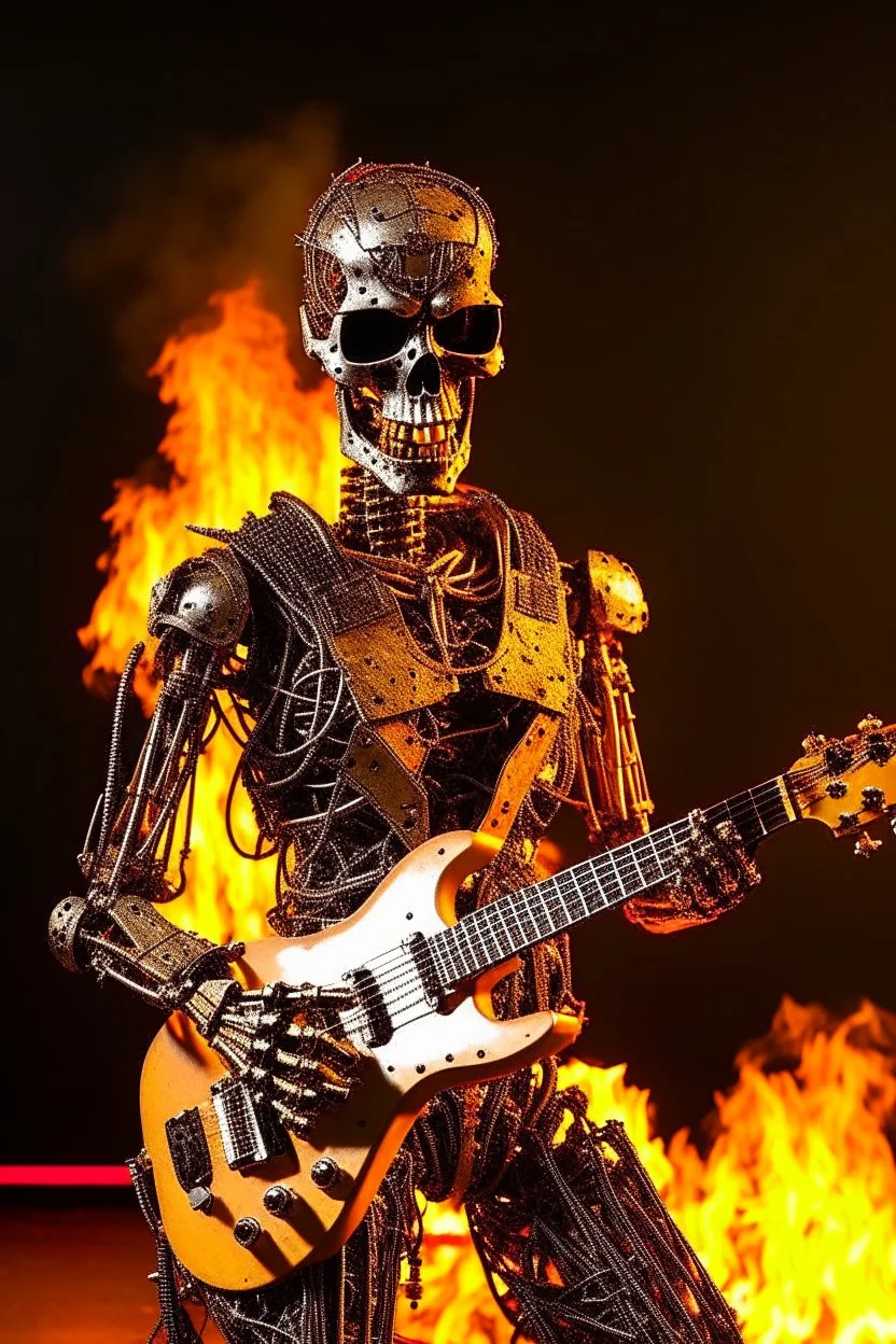 Firestarter robot terminator hardrock with a guitar. Seems angry against humans. Flames all around