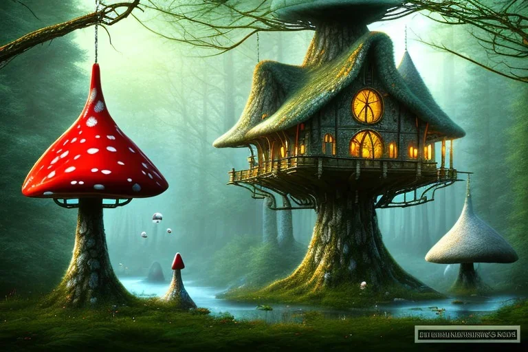 fly amanita house with windows in old forest connected by hanging bridge