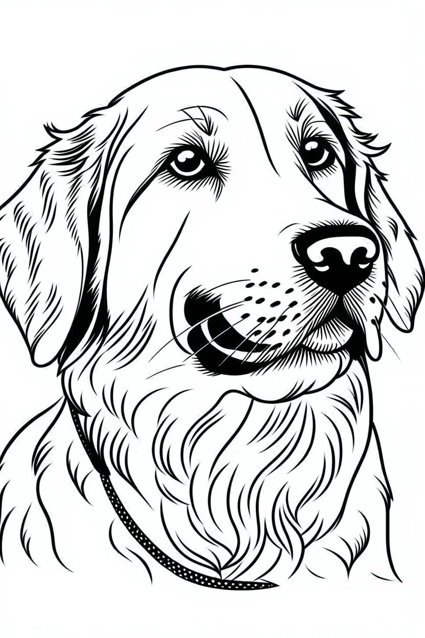 "A black and white line art illustration of a realistic [dog breed] in a coloring book style, with thick outlines defining the fur texture and simple shapes, on a plain white background." Examples: "A black and white line art illustration of a realistic golden retriever in a coloring book style, with thick outlines defining the fur texture and simple shapes, on a plain white background." "A black and white line art illustration of a realistic pug in a coloring book style, with thick outlines de