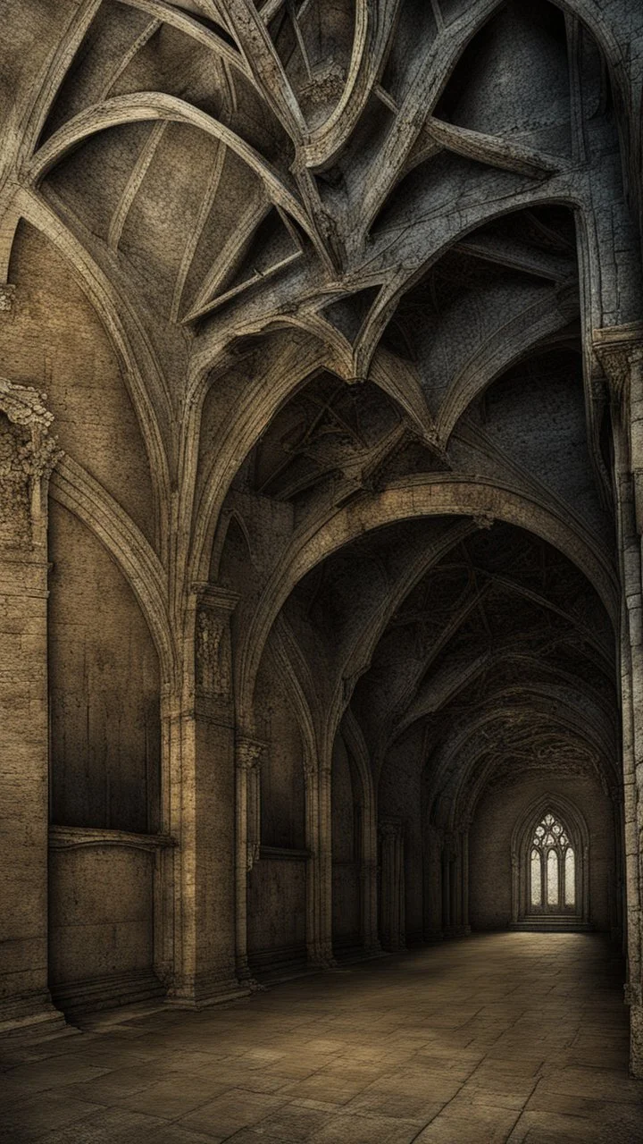 dark fantasy art of a medieval abandoned hall