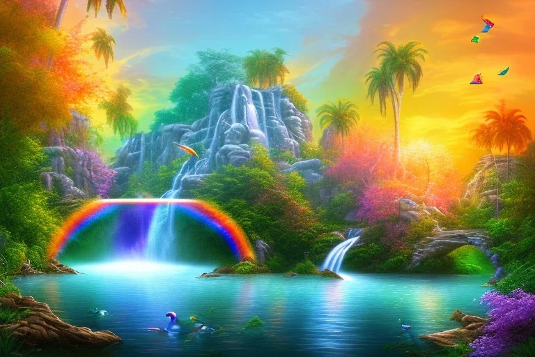 island waterfall palms twigs bubble spring sunset rainbow bridge birds