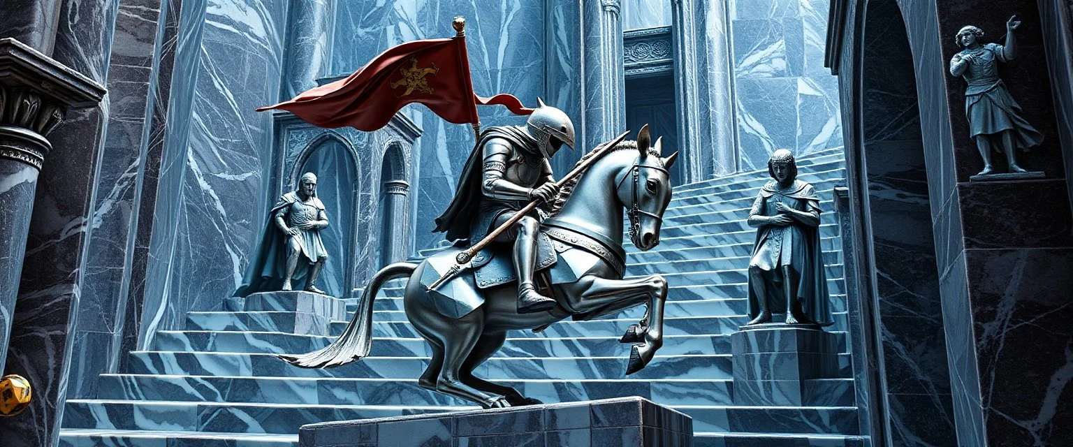 centaur with stenthal syndrome. superhero rat knight, the chariot, the fool and the tower tarot card disaster rendered in magnificient 4d glossy marble stones reflective and wet, like mirrors, winding stairs, watchers, statues of perfect octahedron dice