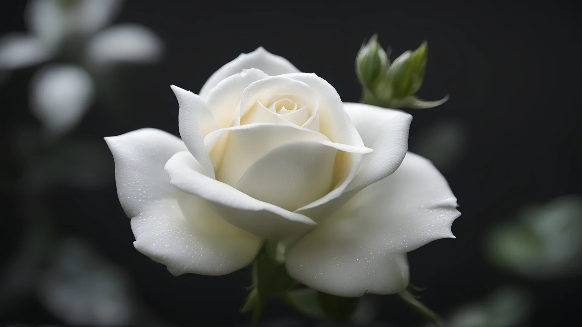 Photoreal gorgeous small white rose against a black background exuding beauty that blends seamlessly with the natural surroundings and hair cascading down her back like a waterfall of obsidian and eyes holding a spark of wild intelligence, otherworldly creature, in the style of fantasy movies, shot on Hasselblad h6d-400c, zeiss prime lens, bokeh like f/0.8, tilt-shift lens