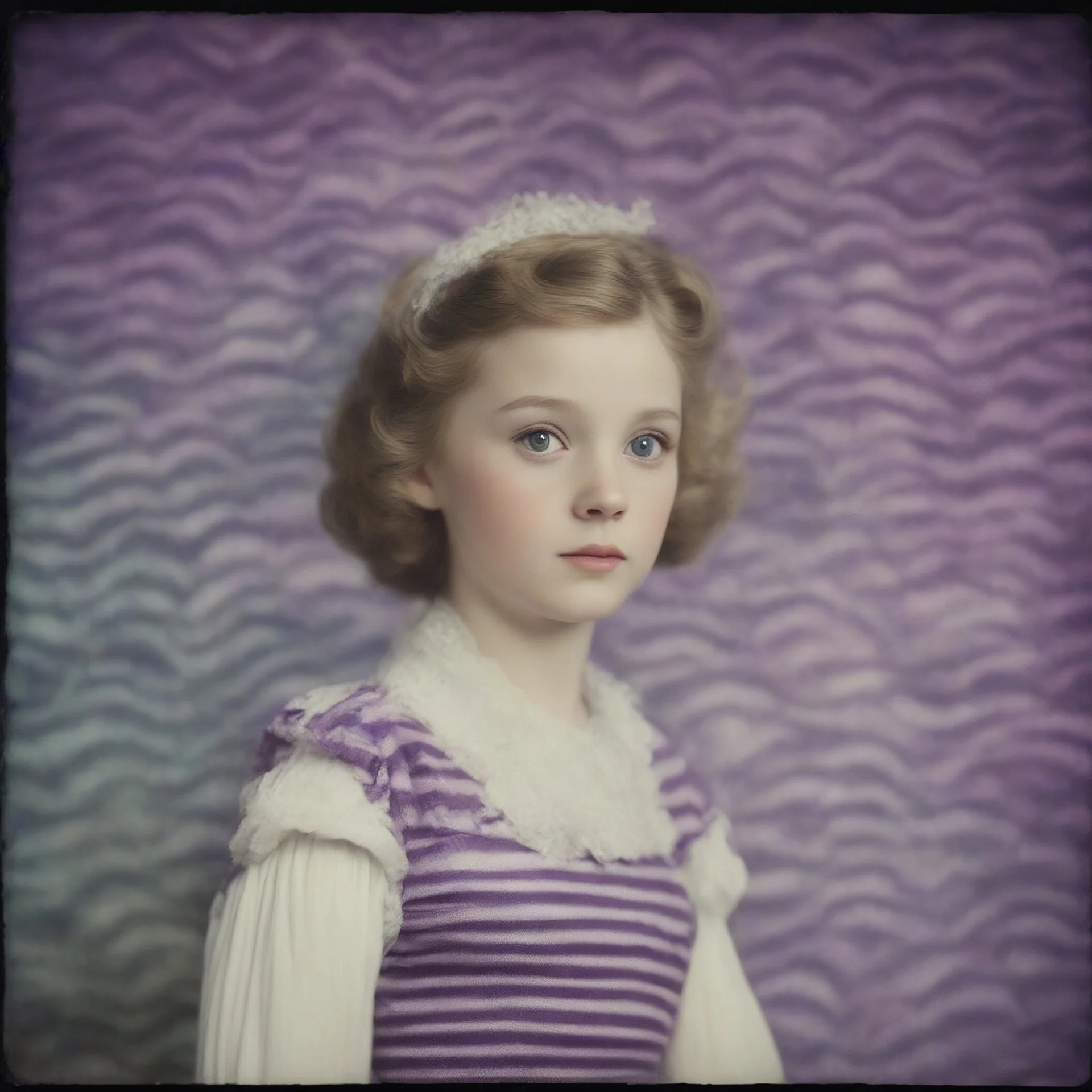 Disney aurora, purple fur, striped wallpaper, old autochrome