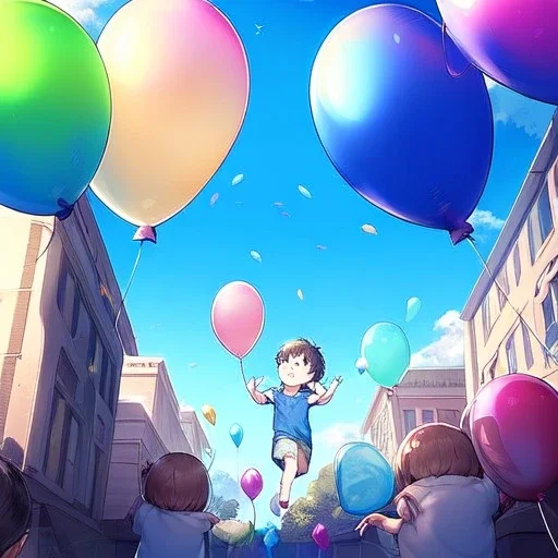 alone young anime child letting go of a balloon, looking up into the sky at the balloon