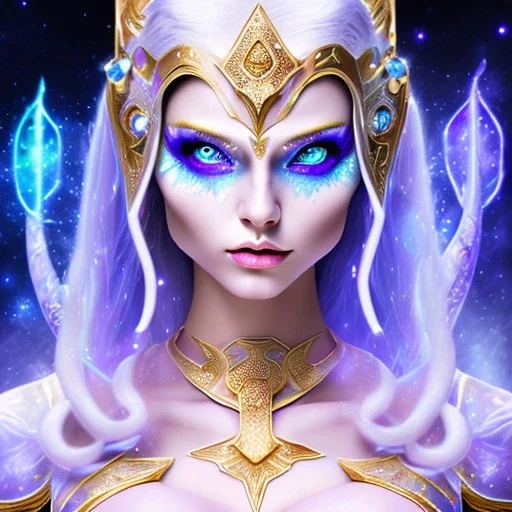 cosmic mage, elf, female, battle mage, cosmic sword, epic, cosmic magic, staff, long ears, white hair, face details, odd-eyes, pale skin, detailed eyes, jewellery, broad shoulders, glowing eyes, sharp ears, cosmic clothes, bright eyes, cosmic eyes