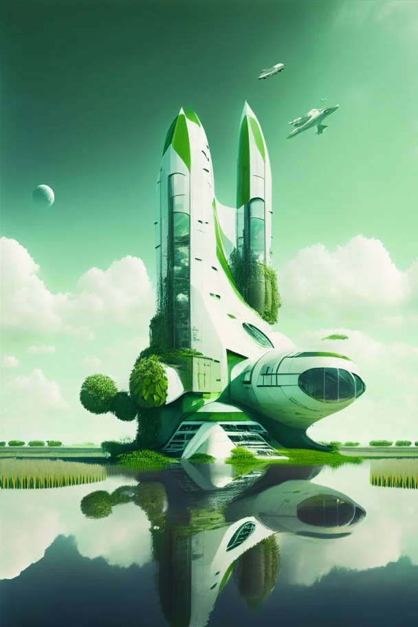 A building in the shape of a space shuttle, water and green spaces