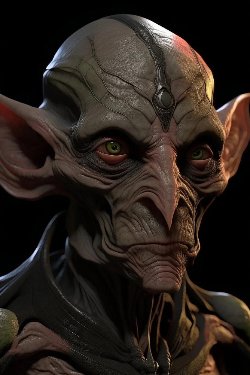 Plano general, hyperrealista, ultra HD, of a beautiful out of this world old alien , cobriza textured skin, expanded skull, tribal joys of large all black with no lenses eyes, almendrados, redundas and dark pupils, small noses and ancha, small nasal fosas, fine lips, pointed ears. background of the figura entorno selvático