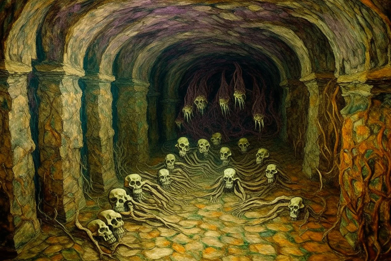 A purple catacombs with crawling spiders painted by Vincent van Gogh