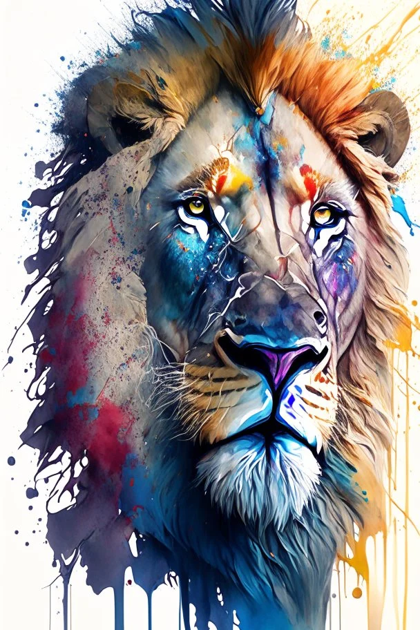 "lion", clean design, art station, splash of colorful paint, contour, ((solid white background)), gazing into camera, hyperdetailed intricately detailed, unreal engine, fantastical, cinema lighting, intricate detail, splash screen, complementary colors, fantasy concept art, 8k resolution, DeviantArt masterpiece, watercolor, paint dripping