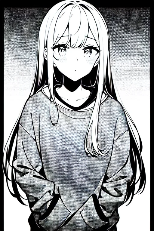 girl in love with long hair thinks in a loose sweatshirt, line arts, greyscale,