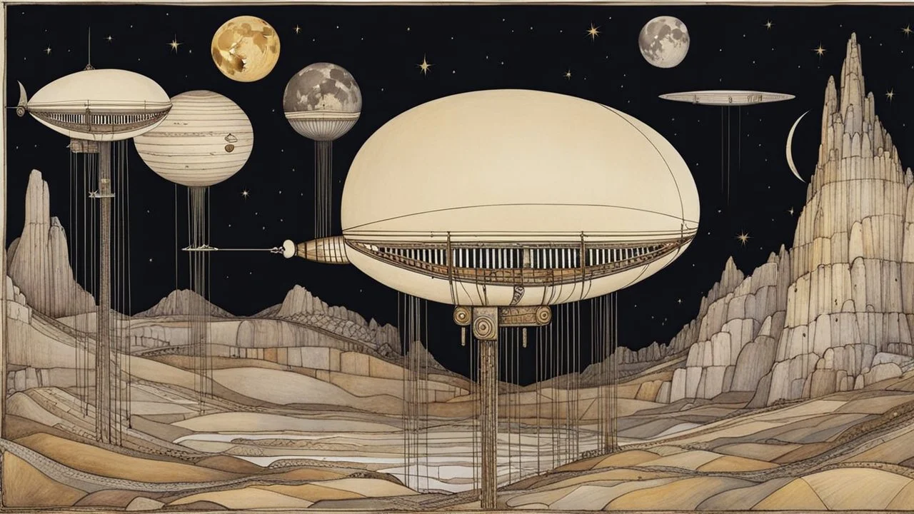 An surreal stunning image by Margaret Macdonald Mackintosh , El Kazovszkij, Abigail Penner, Quentin Blake airship from another world, landscape, ancient ruins, weird moon and planets, lines, and objects, dreamlike, dark fantasy