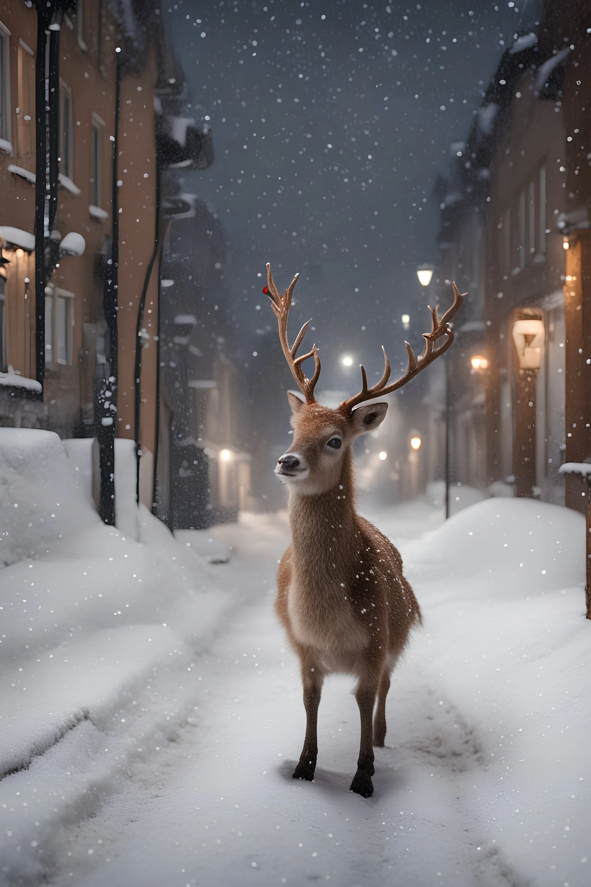 Rudolf disperso e impaurito in una via mentre nevica la viglia di natale