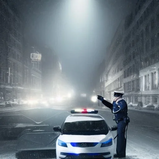 large cop drinking a coffee standing next to a cop car, snowy streets of new york at night, dramatic, dramatic lighting, volumetric lighting, hyperrealism, 8k, high quality, photorealistic, lot of details