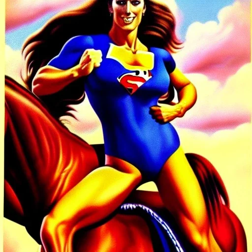 portrait of busty atletic young beautiful Superwoman horseriding Boris Vallejo styles