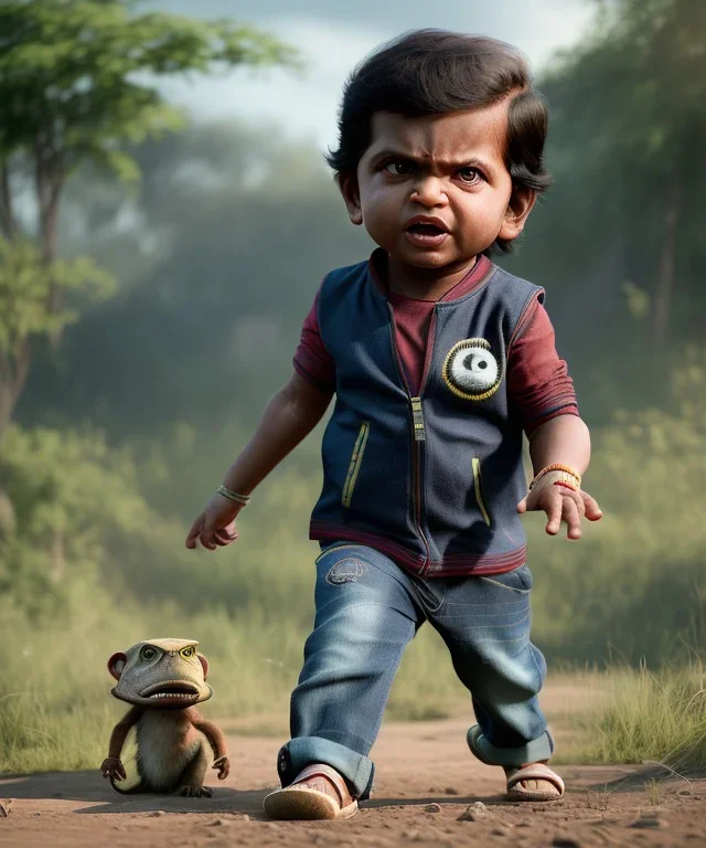 Raj kootrappali toddler, full body, dramatic lighting, angry, hyper realistic,