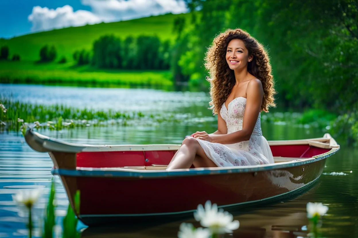 shot from front ,green field and wild flower field ,beautiful face girl in pretty dress curly hair sitting in a boat in water toward camera in trees next to wavy river with clear water and nice sands in floor.camera capture from her full body front, spring blosom walking to camera ,wild flowers moving in the wind ,blue sky,moving pretty clouds ,joy full facet.