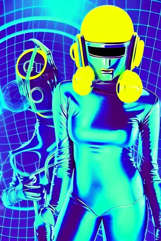 Cyan photograph Cyber-punk girl random mask, old AKG-style big headphones, golden rings & disc. Fencing mask covers cheeks. Uma Thurman, Kill Bill, steel sword. thick tights, thick calves. old-fashioned camera lenses. Ancient artifact attached to perfect body, Electronic circuits, device, laser. 5th dimensional Escher tiling background. Daft Punk, Tron Movie. Matrix movie clothes, tippet. Cyan latex. Wicked sneakers. 1990's. An old telephone microphone as mouth. Minimalism, fashion Haute Couture