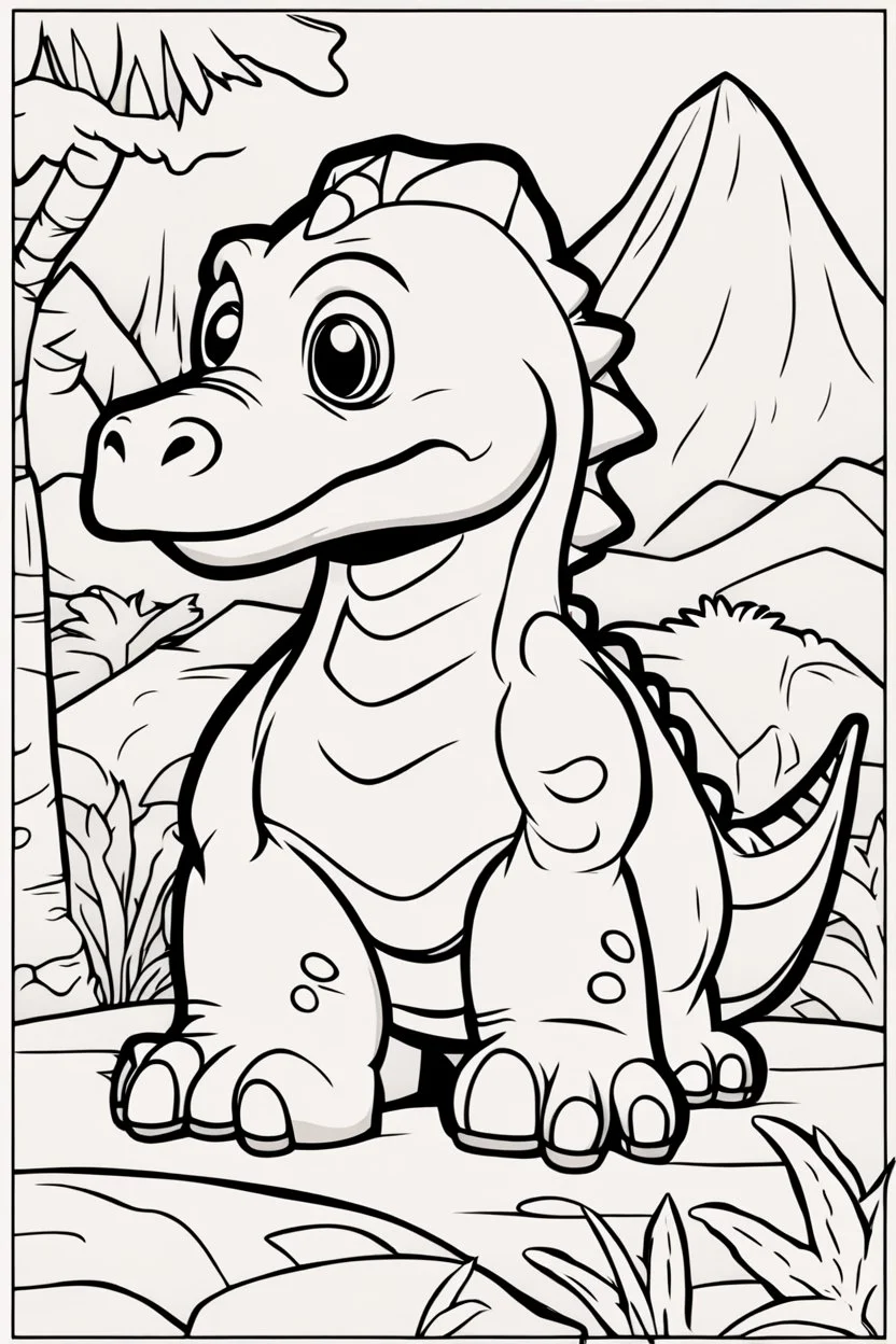 kids coloring page, dinosaur, cartoon style, thick lines, very low detail, no shading