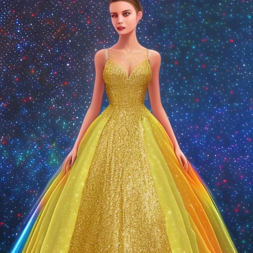 Glittery rainbow ball gown, full view