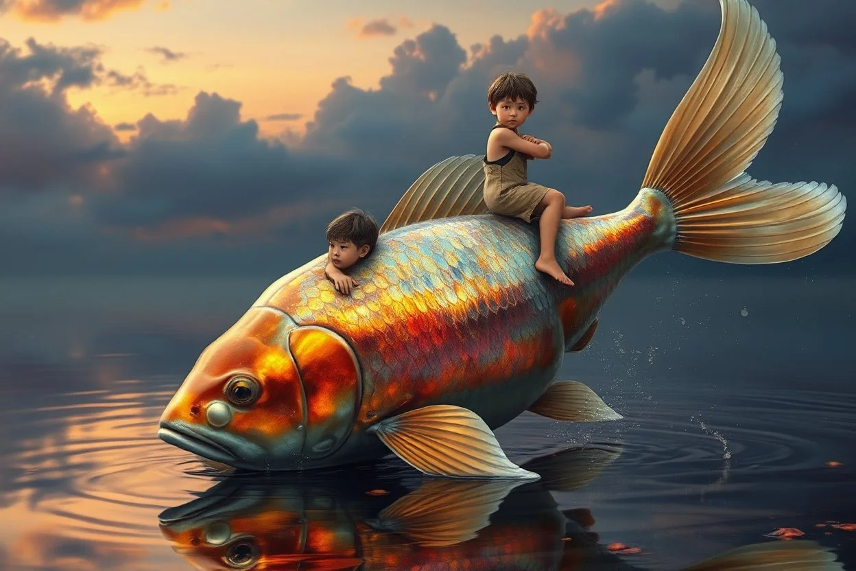 dreamlike, Esao Andrews-esque scene where a barefoot boy in tattered overalls rides atop a colossal, iridescent koi fish through a surreal twilight lagoon, his arms wrapped around the fish's sleek, glistening body as if it were a trusty steed. The fish's scales shimmer with impossible huespearlescent blues melting into burnt orangeswhile its fins fan out like delicate silk banners torn from some celestial tapestry. Around them, the water refracts into liquid prisms, distorting reflections of gna
