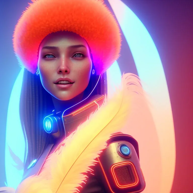 A beautiful portrait of a cute cyberpunk woman smiling facing camera orange color scheme, high key lighting, volumetric light high details with white stripes and feathers unreal 5, octane render, cinema4d, dynamic lighting, dramatic lighting, 4k, redshift render, highly detailed, hyper realistic