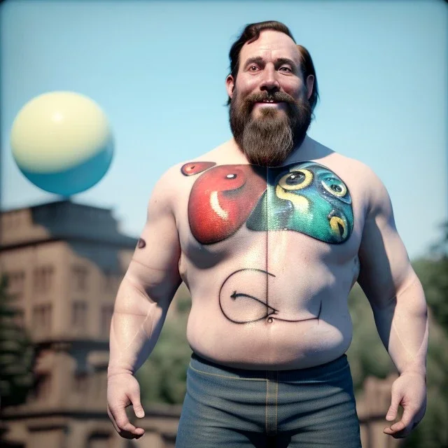 Ultra realistic circus scene. Classic Naked strongman, waist up view, old school tattoo, Wes Anderson style, happy, bubbles, butterflys, highly detailed, concept art, unreal engine 5, god rays, ray tracing, RTX, lumen lighting, ultra detail, volumetric lighting, 3d, finely drawn, high definition, high resolution.