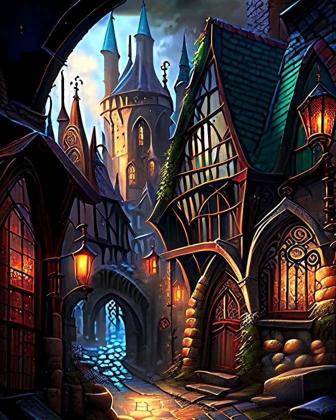 medieval fantasy cobblestone town with stained glass window buildings fairytale rpg art