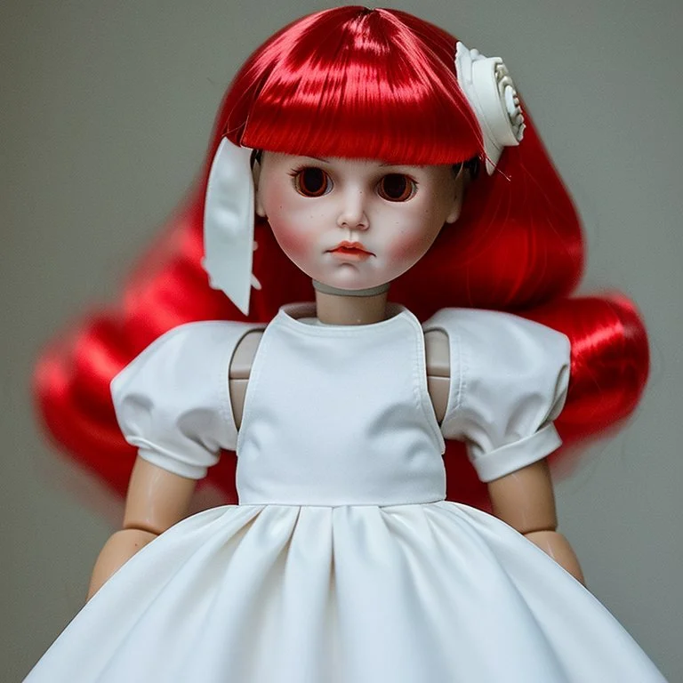 A girl's doll wearing a white dress with red blood bleeding from the back