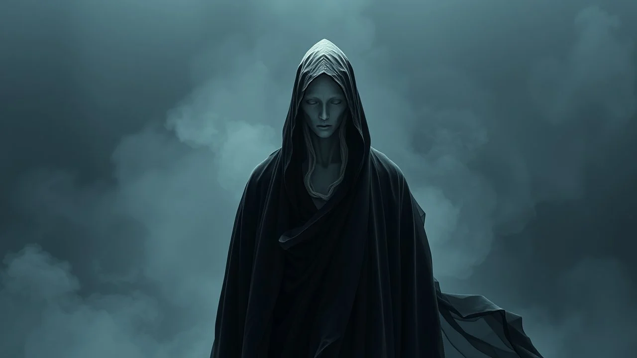 In a mesmerizing and ethereal manner, an otherworldly being emerges in the form of a translucent grey hood statue flowing smoky black robes. Forward facing