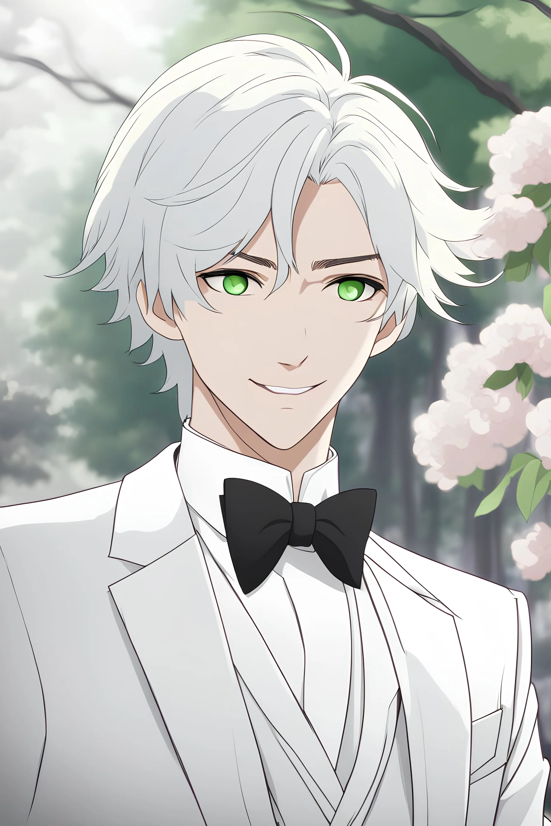 Young man with white hair, well-groomed, green eyes, smiling, friendly, wearing a tuxedo, RWBY animation style